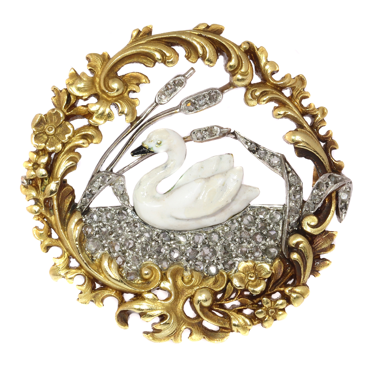 Late Victorian, early Art Nouveau French brooch enameled swan on diamond lake